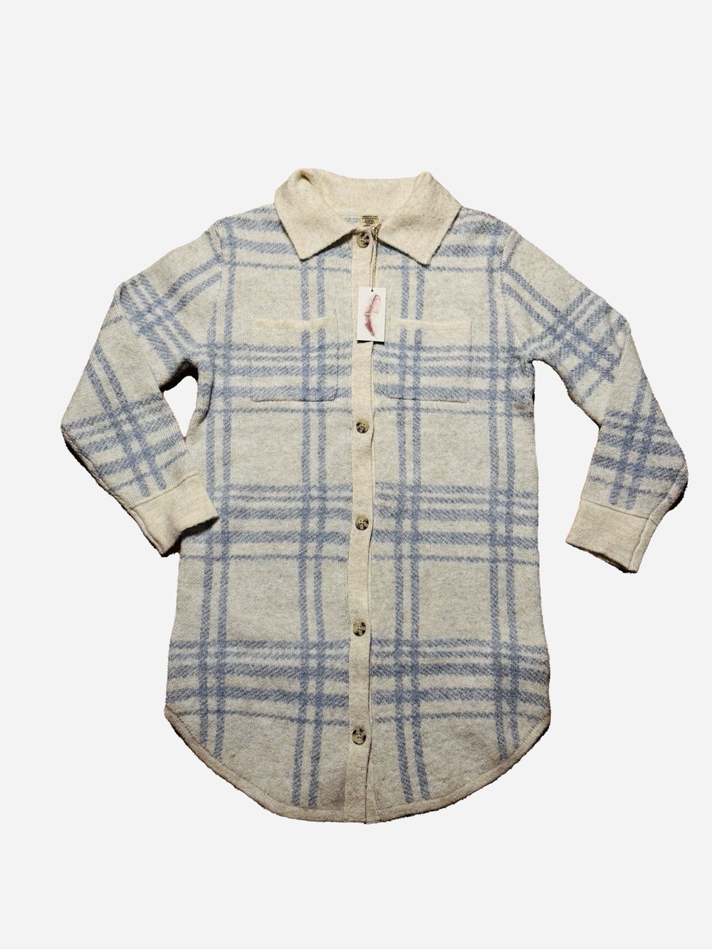 Womens Long Button-Up Shacket Plaid Shirt in Cream and Light Blue